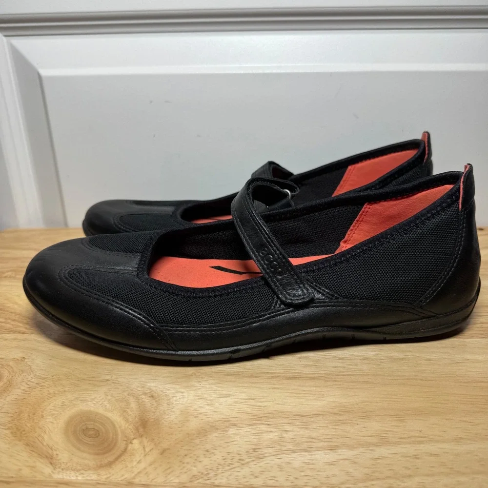 ECCO Womens Black Leather Mesh Mary Jane Flat Comfort Foam Shoes EU 41